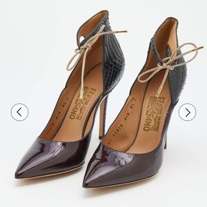 Salvatore Ferragamo Two-Tone Pointed Toe Lace-Up Pumps in Burgundy
